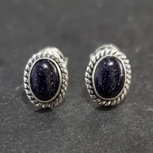 Boho Oval Blue Goldstone Stud Earrings, 925 Sterling Silver, S4BS