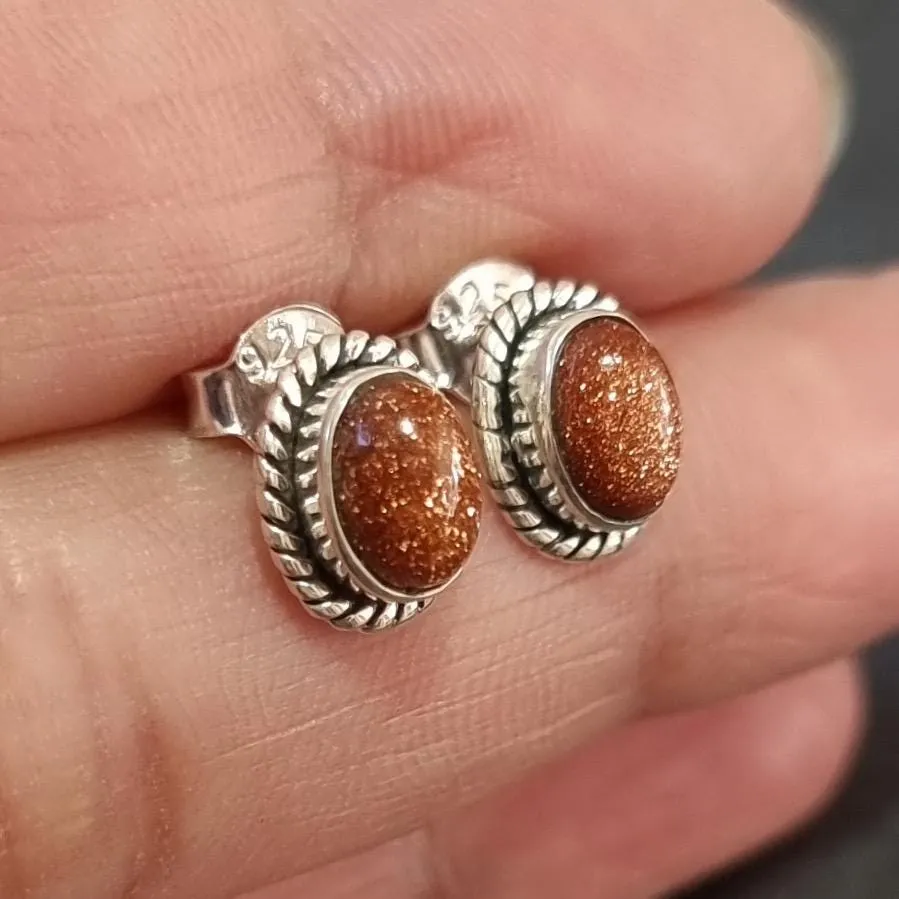 Boho Oval Orange Goldstone Stud Earrings, 925 Sterling Silver, S4GS