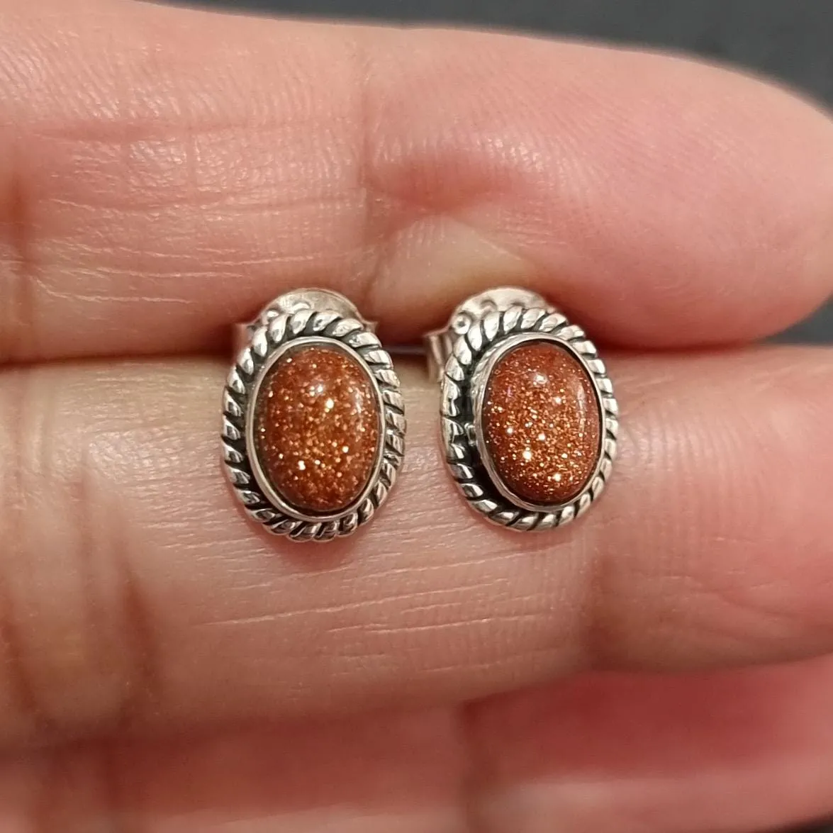Boho Oval Orange Goldstone Stud Earrings, 925 Sterling Silver, S4GS