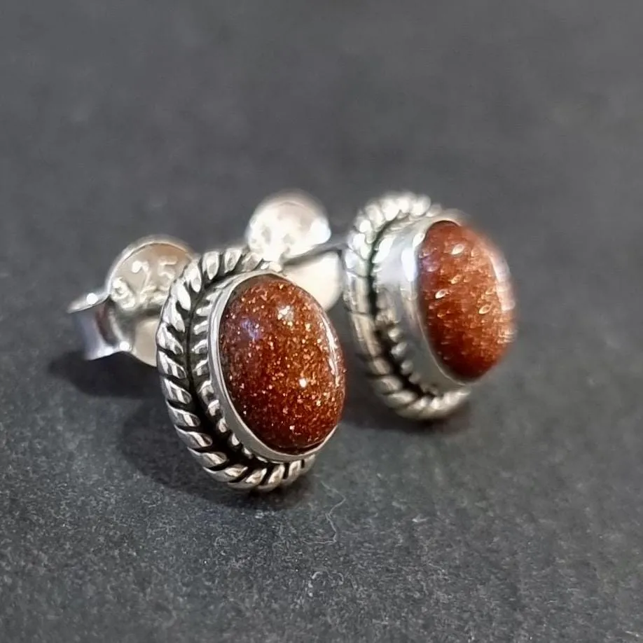 Boho Oval Orange Goldstone Stud Earrings, 925 Sterling Silver, S4GS