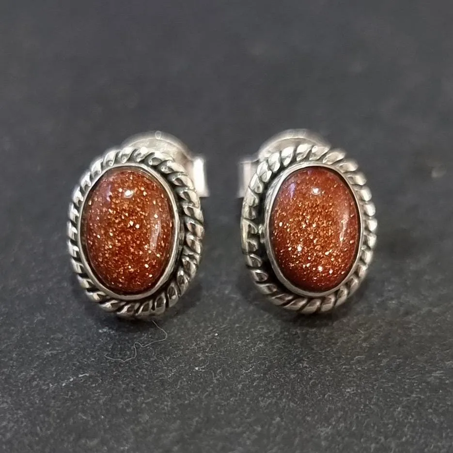 Boho Oval Orange Goldstone Stud Earrings, 925 Sterling Silver, S4GS