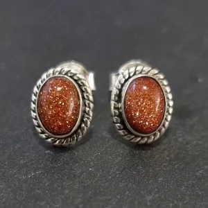 Boho Oval Orange Goldstone Stud Earrings, 925 Sterling Silver, S4GS