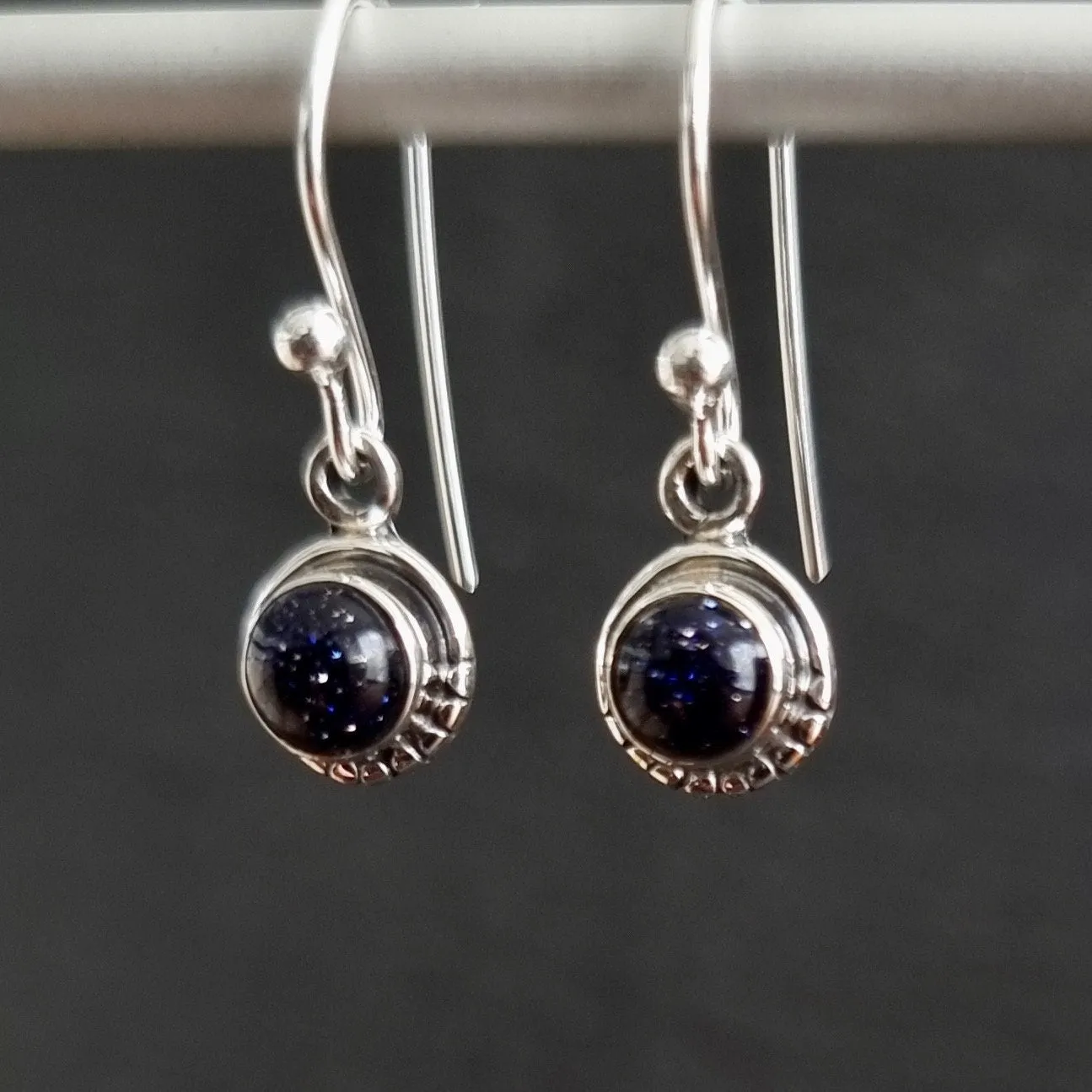 Boho Round 5mm / 6mm Blue Goldstone 925 Silver Earrings, E86BS