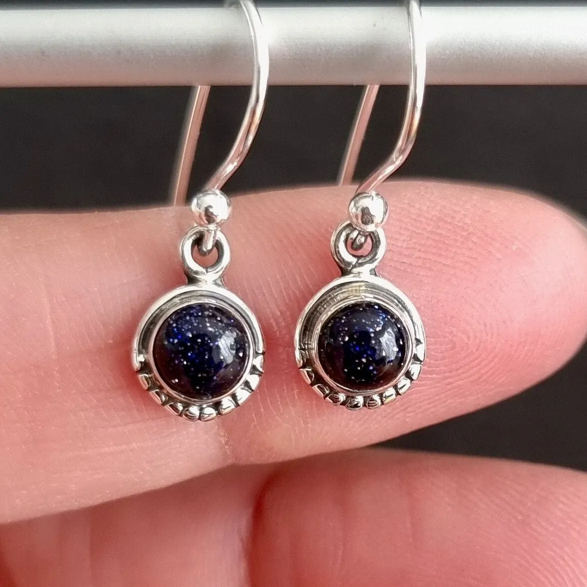 Boho Round 5mm / 6mm Blue Goldstone 925 Silver Earrings, E86BS