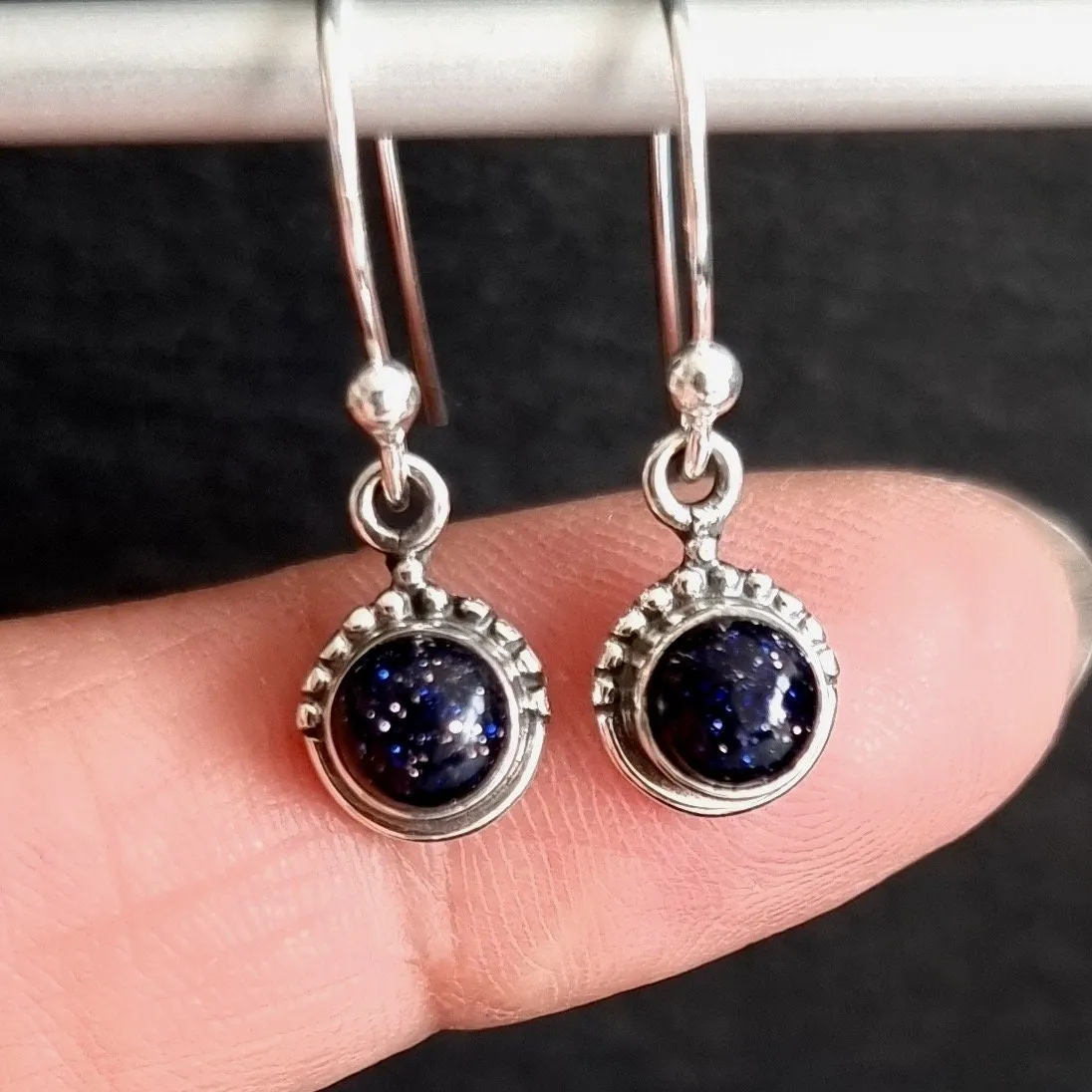 Boho Round 5mm/6mm Blue Goldstone 925 Silver Earrings, E91BS