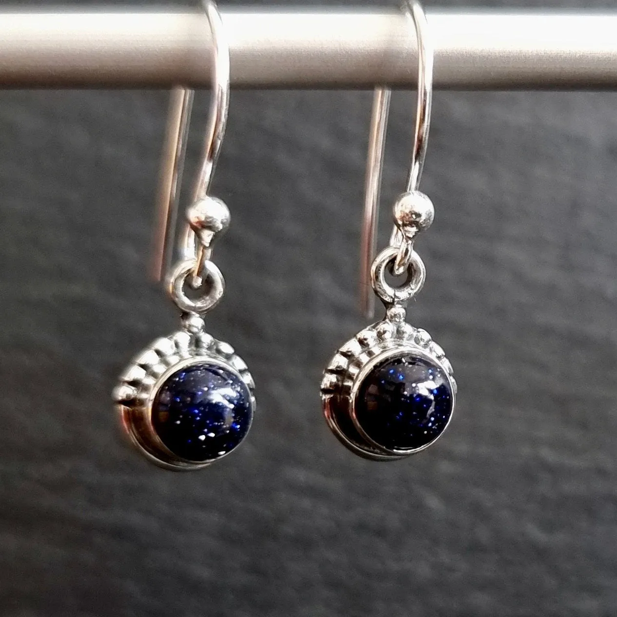 Boho Round 5mm/6mm Blue Goldstone 925 Silver Earrings, E91BS