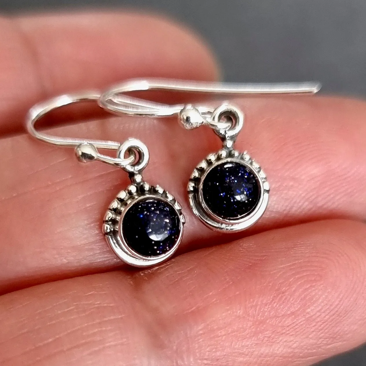 Boho Round 5mm/6mm Blue Goldstone 925 Silver Earrings, E91BS