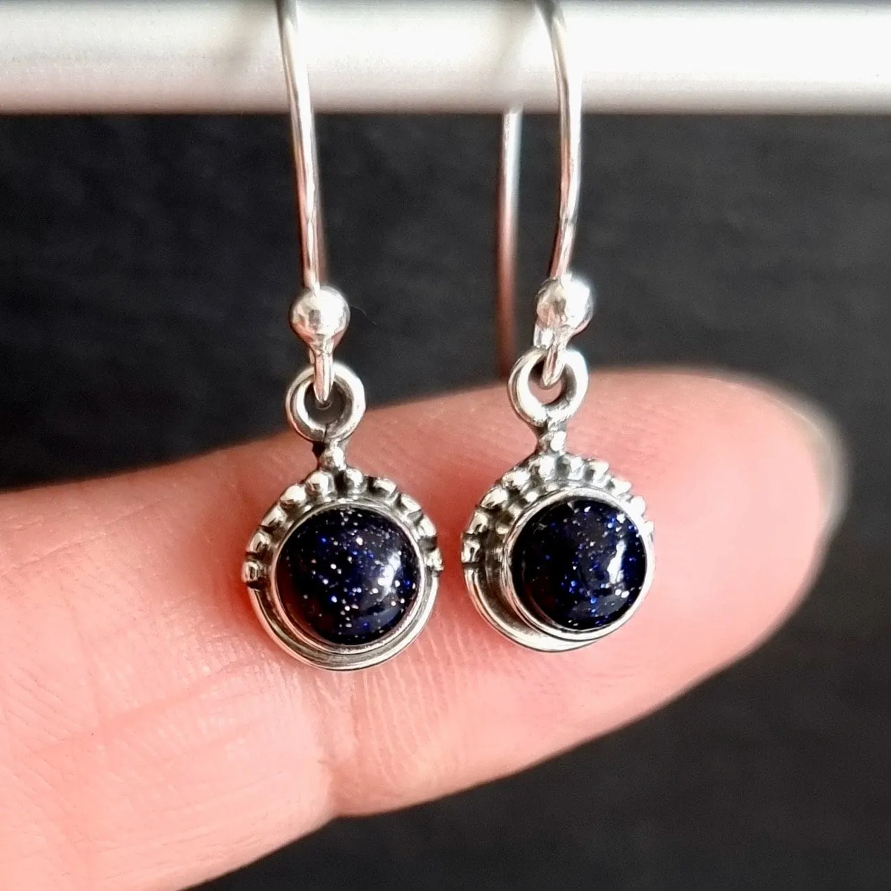 Boho Round 5mm/6mm Blue Goldstone 925 Silver Earrings, E91BS