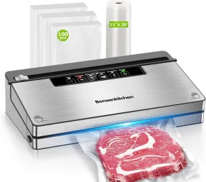 Bonsenkitchen Vacuum Sealer Machine, Stainless Steel Food Sealer Vacuum Sealers with 100 Bags & 1 Roll, 5 Food Vacuum Modes, Built-in Cutter & Bag Storage, Climate Pledge Friendly, Black