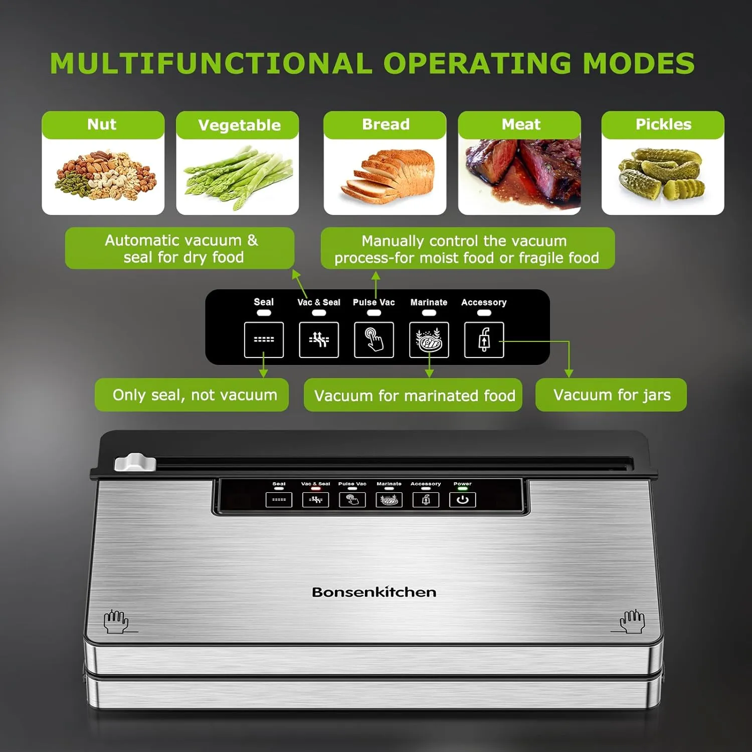 Bonsenkitchen Vacuum Sealer Machine, Stainless Steel Food Sealer Vacuum Sealers with 100 Bags & 1 Roll, 5 Food Vacuum Modes, Built-in Cutter & Bag Storage, Climate Pledge Friendly, Black