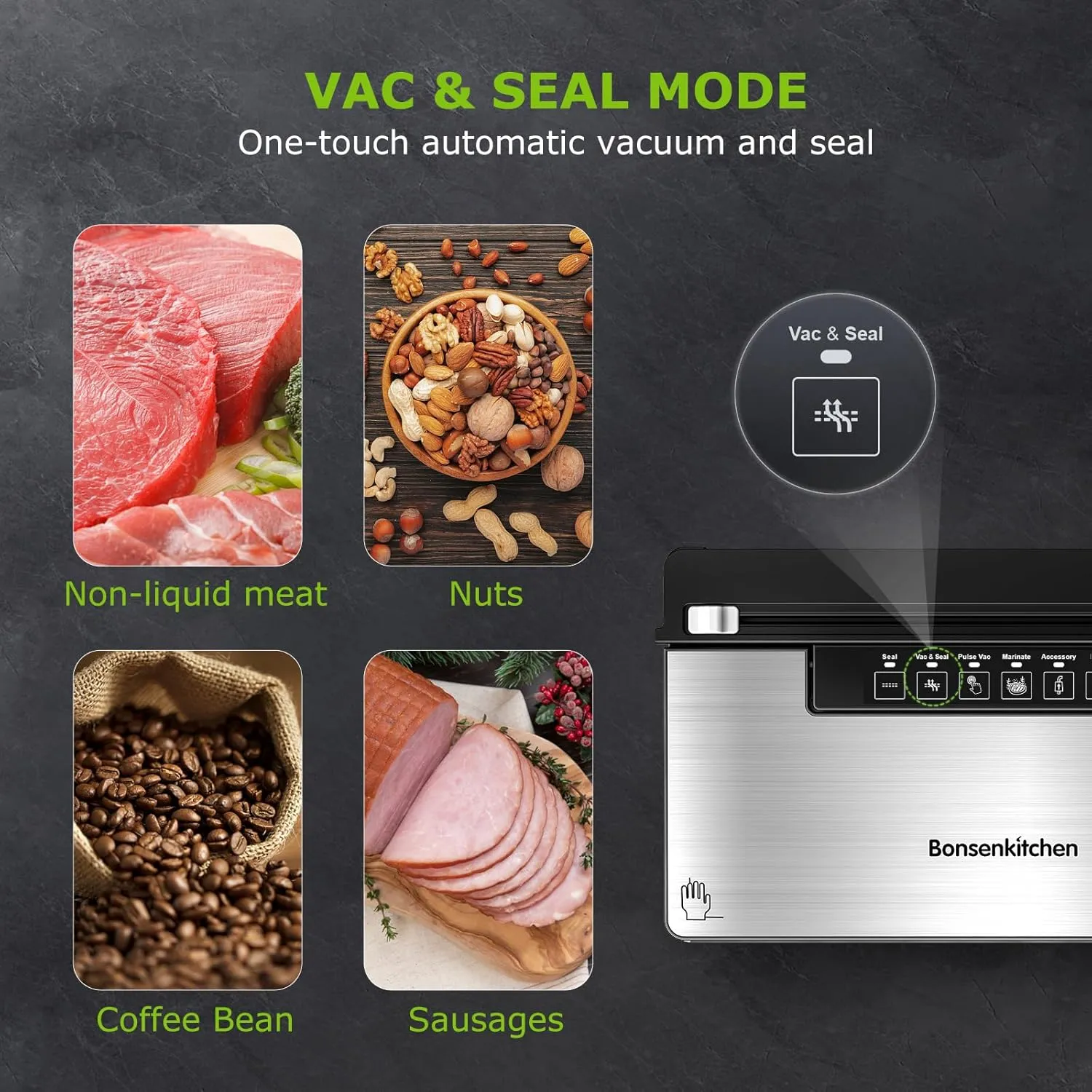 Bonsenkitchen Vacuum Sealer Machine, Stainless Steel Food Sealer Vacuum Sealers with 100 Bags & 1 Roll, 5 Food Vacuum Modes, Built-in Cutter & Bag Storage, Climate Pledge Friendly, Black