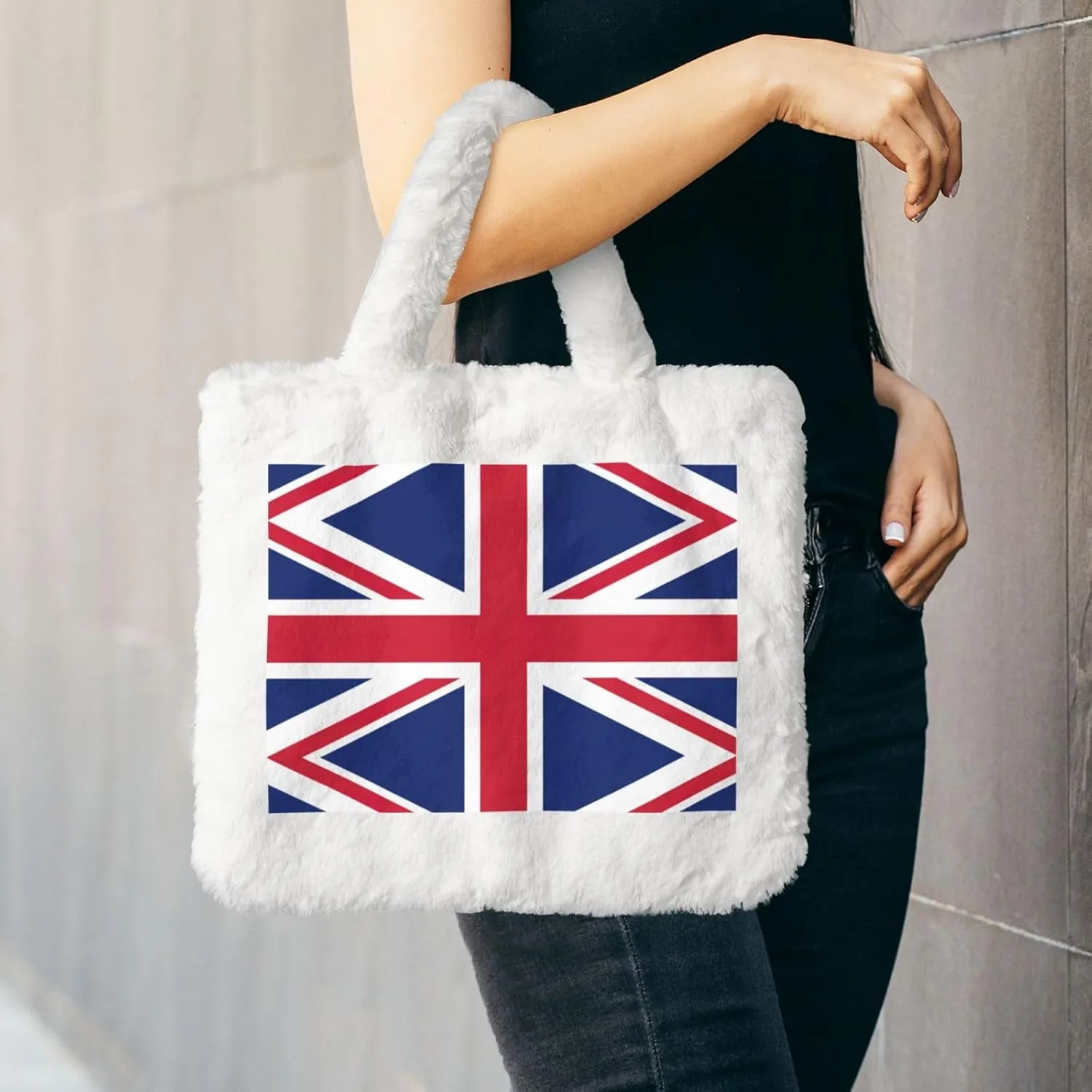 British Flag Printing Fluffy Shoulder Bag Ladies Plush Underarm Bag Tote Bag Furry Purse Handbag For Work Travel