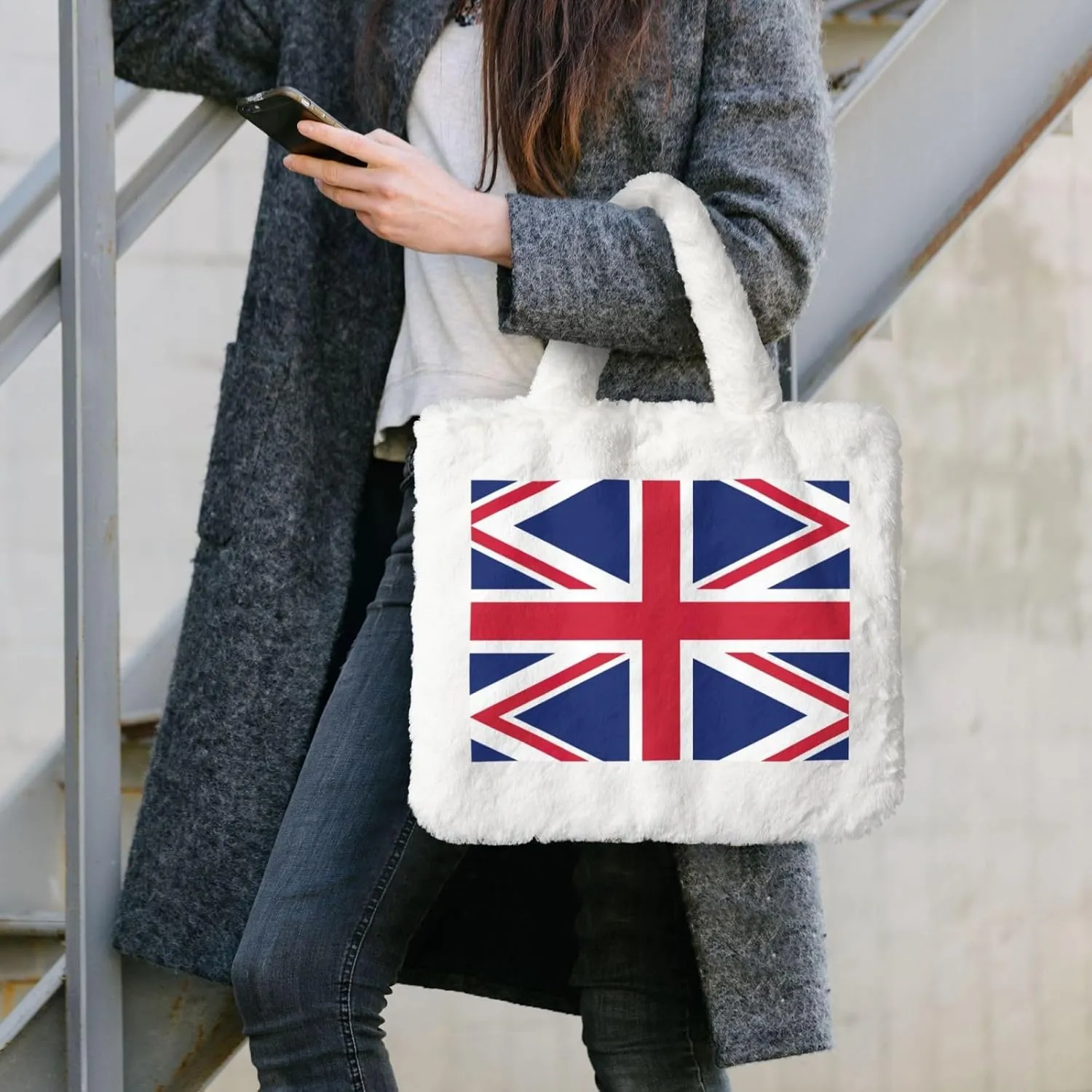 British Flag Printing Fluffy Shoulder Bag Ladies Plush Underarm Bag Tote Bag Furry Purse Handbag For Work Travel