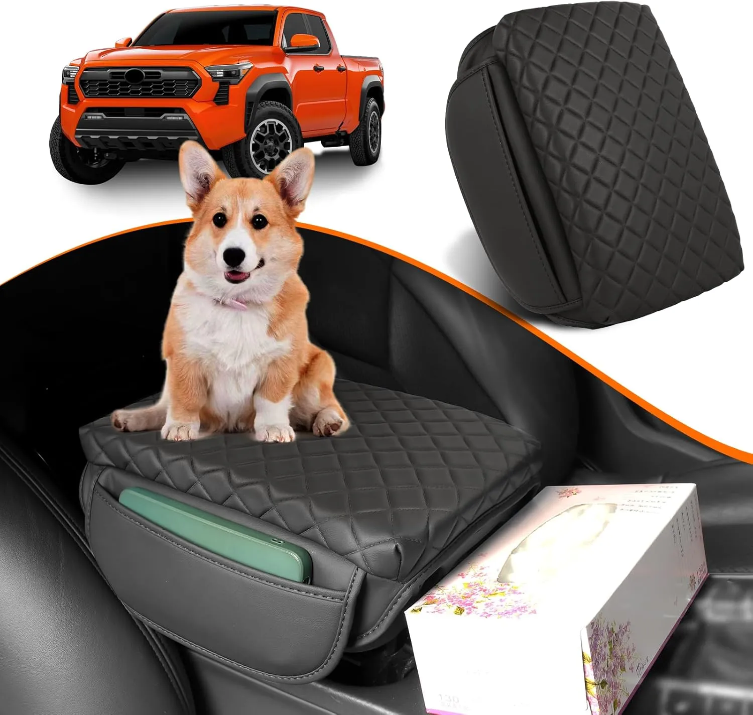 Center Console Armrest Cover for Toyota Tacoma 2024 2025 Accessories Arm Rest Pad Middle Console Lid Protector Cushion Black Leather with Pockets
