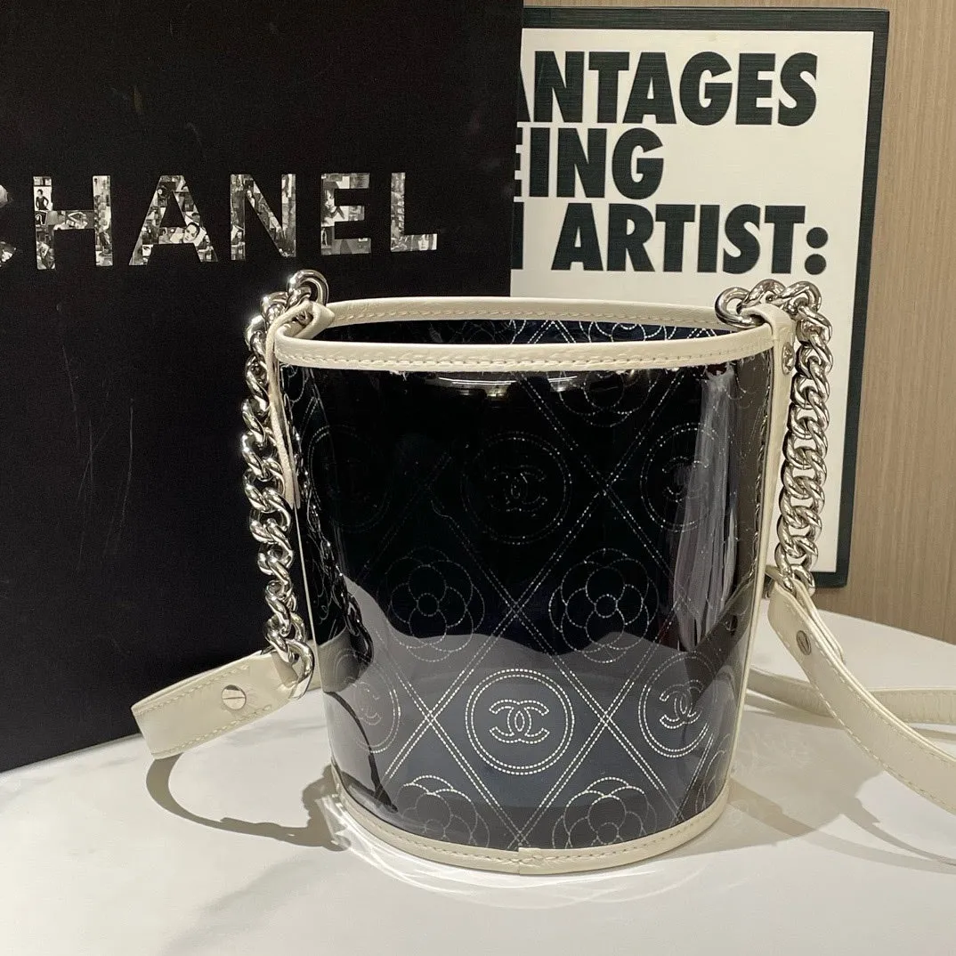 Chanel Camellia Coco Bucket Bag Small Black Patent Leather  Designer Handbag