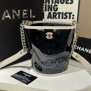 Chanel Camellia Coco Bucket Bag Small Black Patent Leather  Designer Handbag