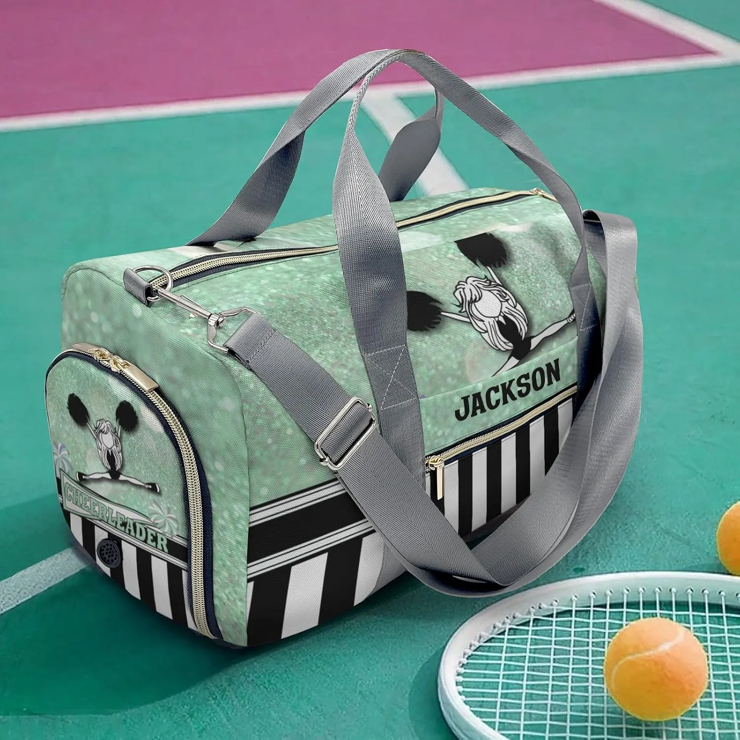 Cheerleader Girl Sparkly Green Personalized Sports Duffel Bags Customized Multi-Function Travel Bag Gym Bag Dance Ballet Overnight Weekend Duffel Bag