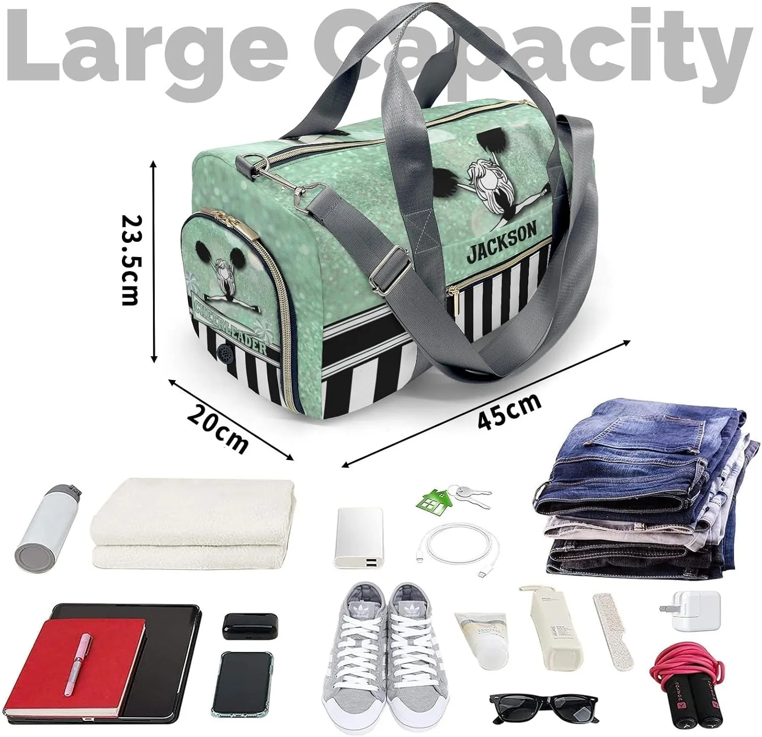 Cheerleader Girl Sparkly Green Personalized Sports Duffel Bags Customized Multi-Function Travel Bag Gym Bag Dance Ballet Overnight Weekend Duffel Bag