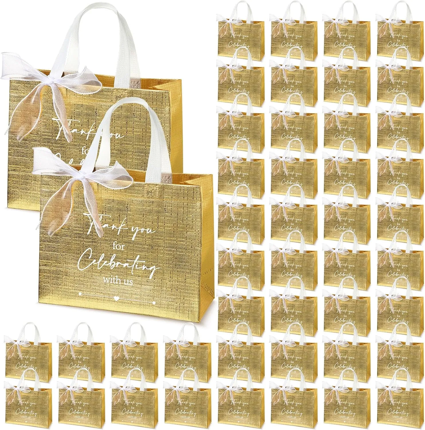 CHENGU 100 Pcs Thank You for Celebrating with Us Wedding Gift Bags for Hotel Guests Bulk Welcome Bags Reusable Non Woven Tote with Handle for Bridal Shower Party Favor(Gold)