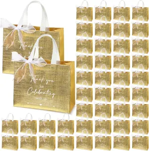 CHENGU 100 Pcs Thank You for Celebrating with Us Wedding Gift Bags for Hotel Guests Bulk Welcome Bags Reusable Non Woven Tote with Handle for Bridal Shower Party Favor(Gold)