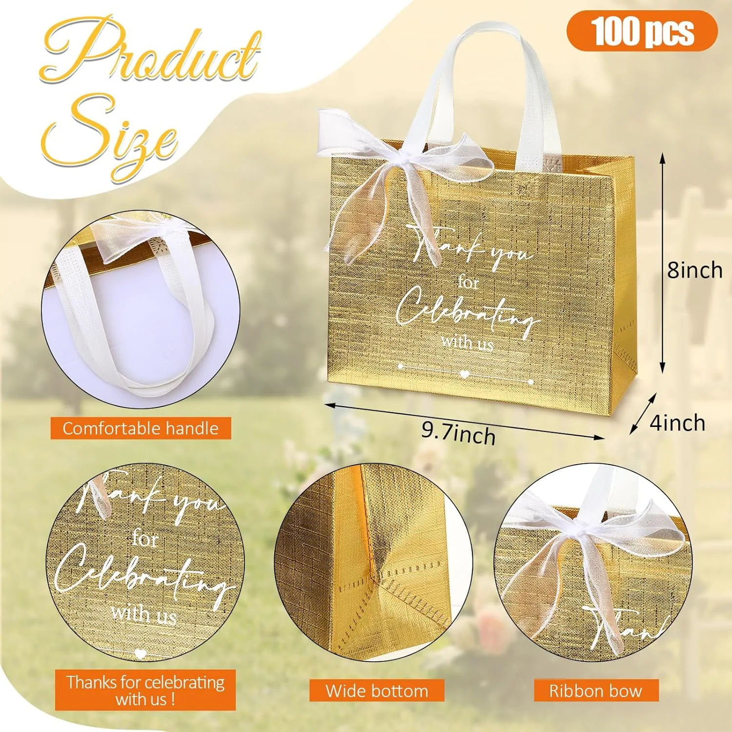 CHENGU 100 Pcs Thank You for Celebrating with Us Wedding Gift Bags for Hotel Guests Bulk Welcome Bags Reusable Non Woven Tote with Handle for Bridal Shower Party Favor(Gold)