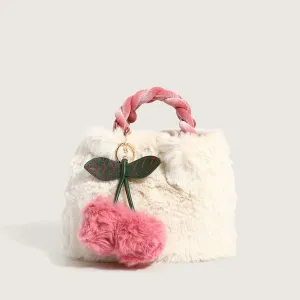 Cherry Trim Fluffy Tote Bag with Twist Shoulder Strap - White