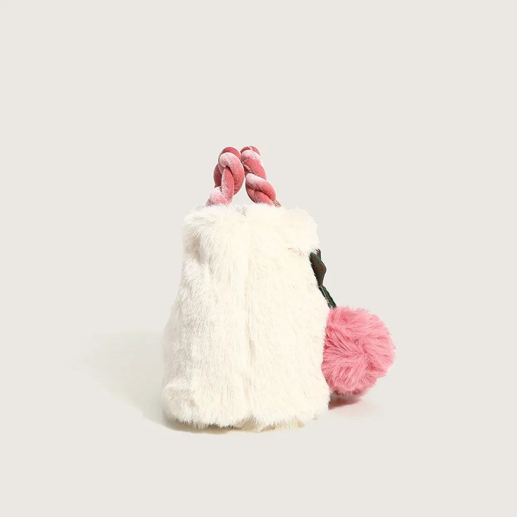 Cherry Trim Fluffy Tote Bag with Twist Shoulder Strap - White
