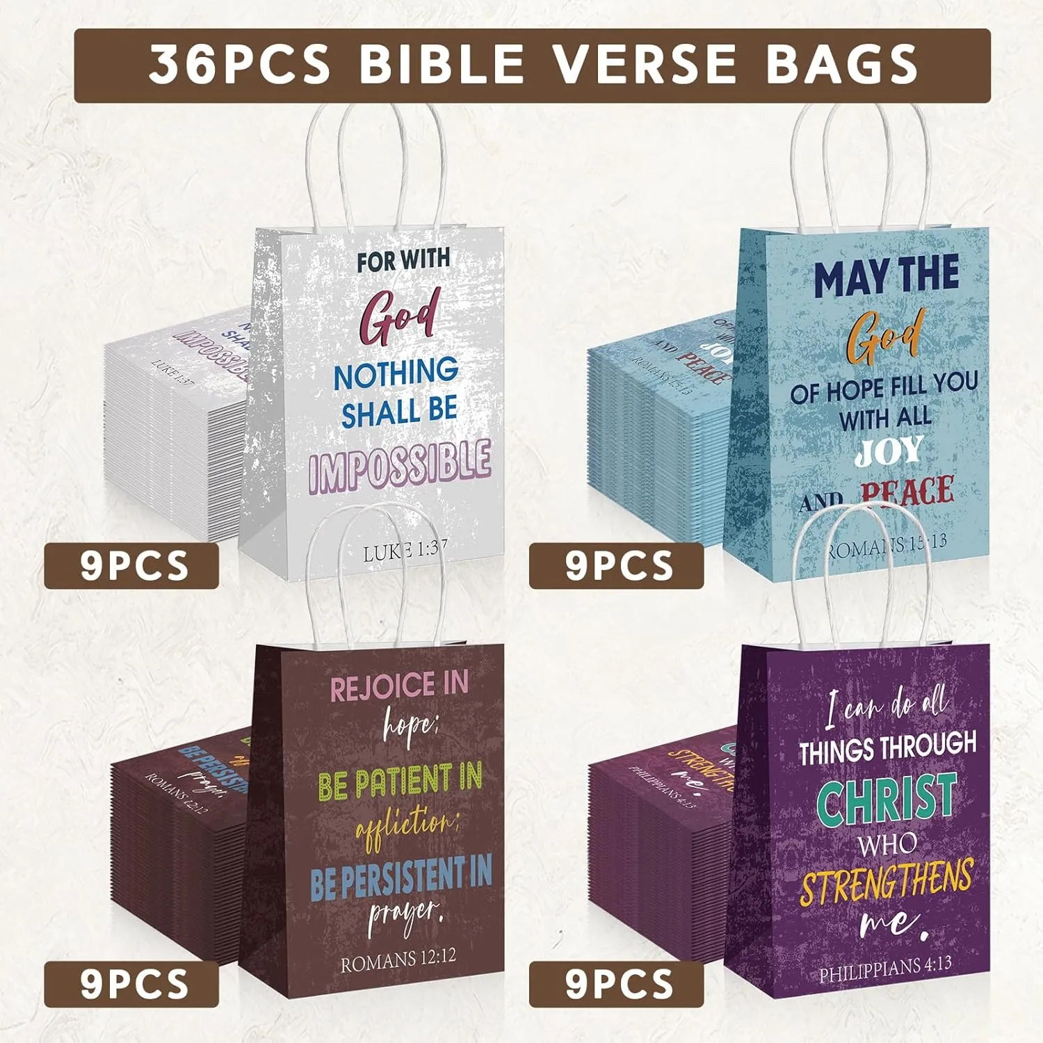 Chiisong 36 Pcs Bible Verse Paper Gifts Bags Religious Hymn Inspirational Church Baptism Paper Bag with Handles for Christening Baptism Party Communion Christmas(Classic)