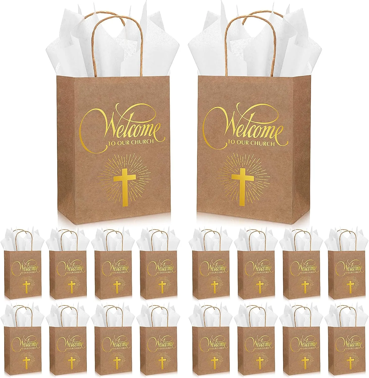 Chuangdi 50 Pcs Church Welcome Bags Bulk Religious Gift Welcome to Our Church with Tissue Visitor Christian Gift Bags Baptism Goodie Bag Party Supplies for Guest Family