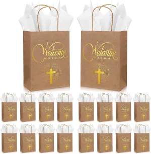 Chuangdi 50 Pcs Church Welcome Bags Bulk Religious Gift Welcome to Our Church with Tissue Visitor Christian Gift Bags Baptism Goodie Bag Party Supplies for Guest Family