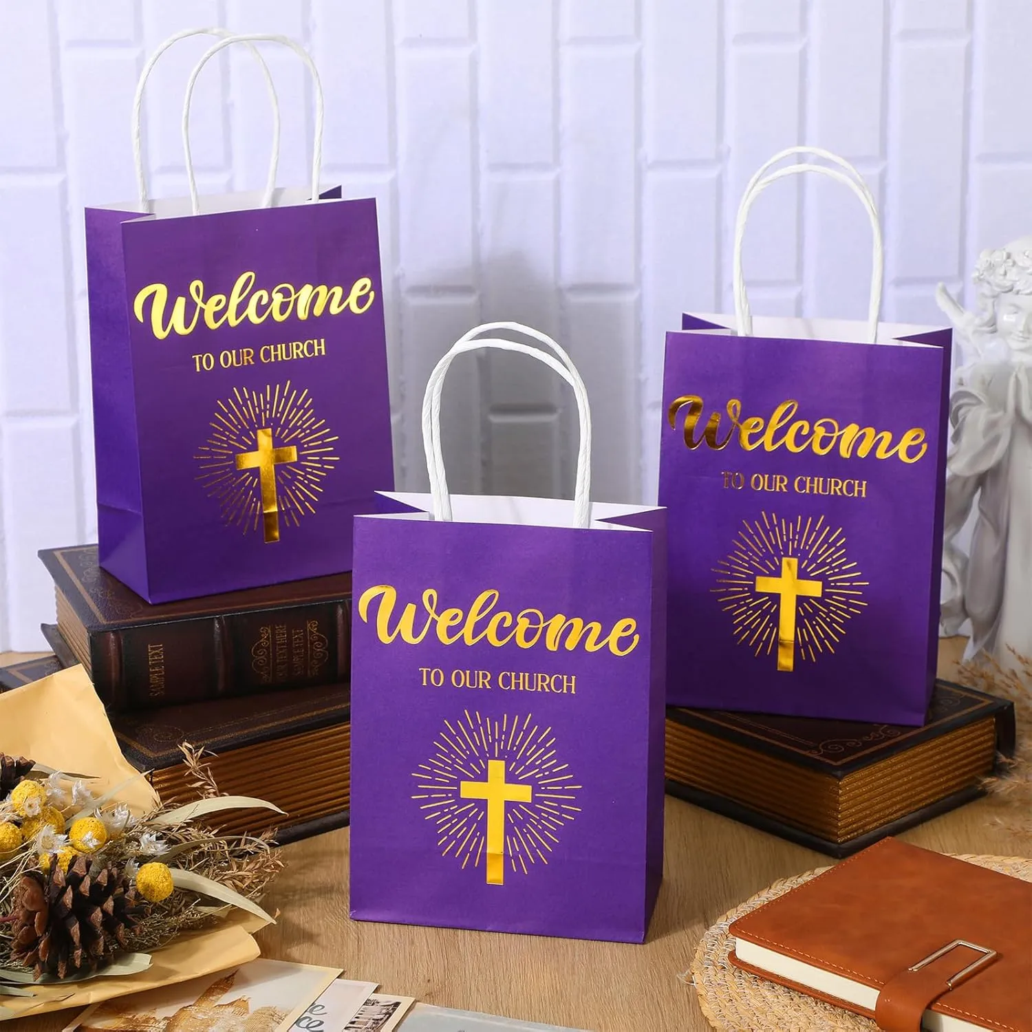 Chuangdi 50 Pcs Church Welcome Gift Bags Christian Paper Welcome to Our Church Religious Bags with Handles for Guest Baby Shower Baptism Birthday Party,5.9 x 3.15 x 8.27 Inch(Purple)