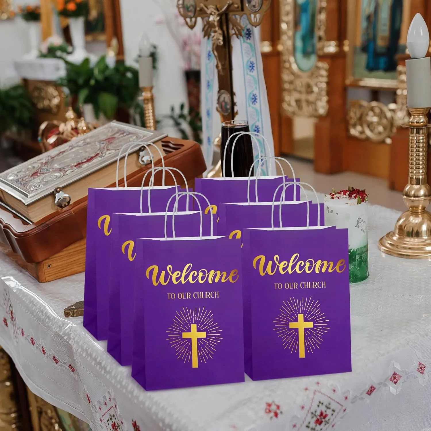 Chuangdi 50 Pcs Church Welcome Gift Bags Christian Paper Welcome to Our Church Religious Bags with Handles for Guest Baby Shower Baptism Birthday Party,5.9 x 3.15 x 8.27 Inch(Purple)
