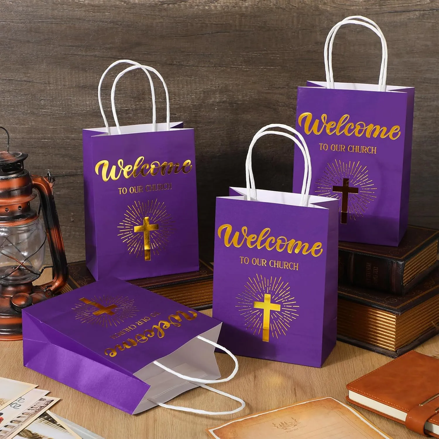 Chuangdi 50 Pcs Church Welcome Gift Bags Christian Paper Welcome to Our Church Religious Bags with Handles for Guest Baby Shower Baptism Birthday Party,5.9 x 3.15 x 8.27 Inch(Purple)