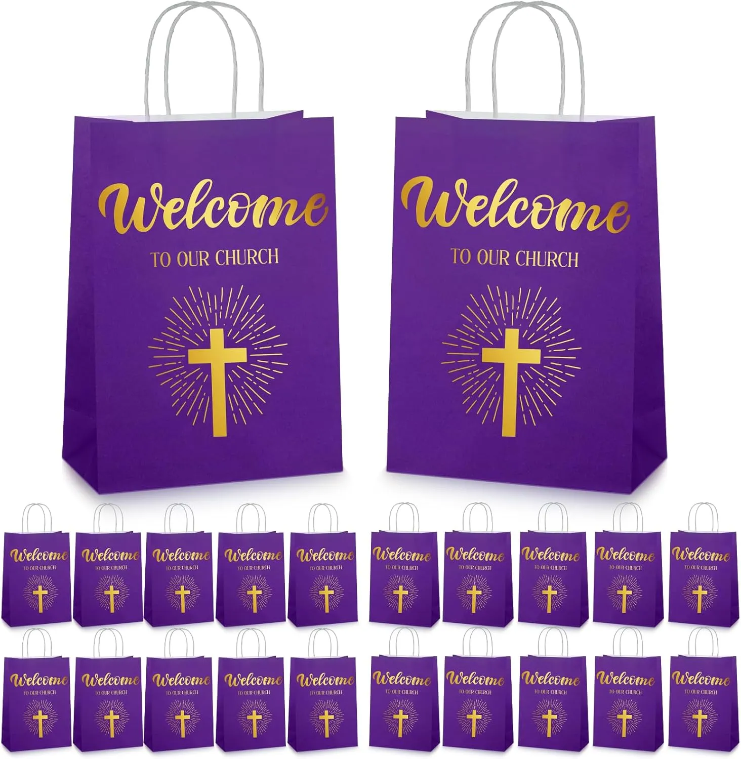 Chuangdi 50 Pcs Church Welcome Gift Bags Christian Paper Welcome to Our Church Religious Bags with Handles for Guest Baby Shower Baptism Birthday Party,5.9 x 3.15 x 8.27 Inch(Purple)