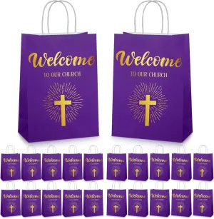 Chuangdi 50 Pcs Church Welcome Gift Bags Christian Paper Welcome to Our Church Religious Bags with Handles for Guest Baby Shower Baptism Birthday Party,5.9 x 3.15 x 8.27 Inch(Purple)