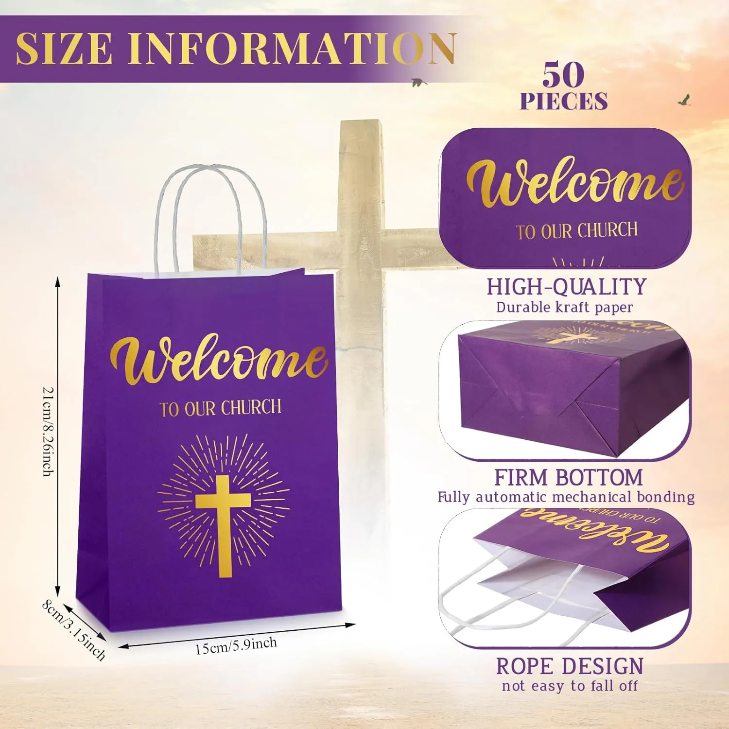 Chuangdi 50 Pcs Church Welcome Gift Bags Christian Paper Welcome to Our Church Religious Bags with Handles for Guest Baby Shower Baptism Birthday Party,5.9 x 3.15 x 8.27 Inch(Purple)