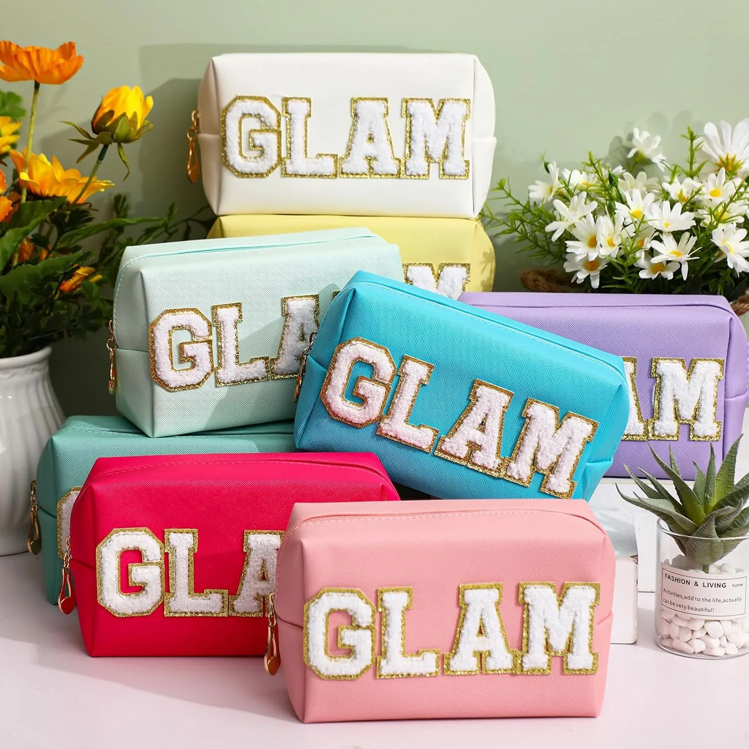 Chunful 9 Pieces Preppy Patch Makeup Bag Chenille Letters Cosmetic PU Leather Portable Waterproof Toiletry Travel Bag for Women End of the Year Teacher Gifts Bulk(Bright Color,Glam)