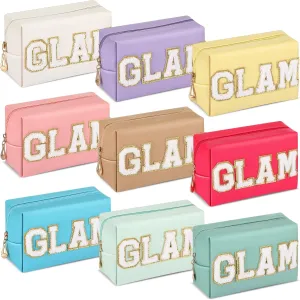 Chunful 9 Pieces Preppy Patch Makeup Bag Chenille Letters Cosmetic PU Leather Portable Waterproof Toiletry Travel Bag for Women End of the Year Teacher Gifts Bulk(Bright Color,Glam)