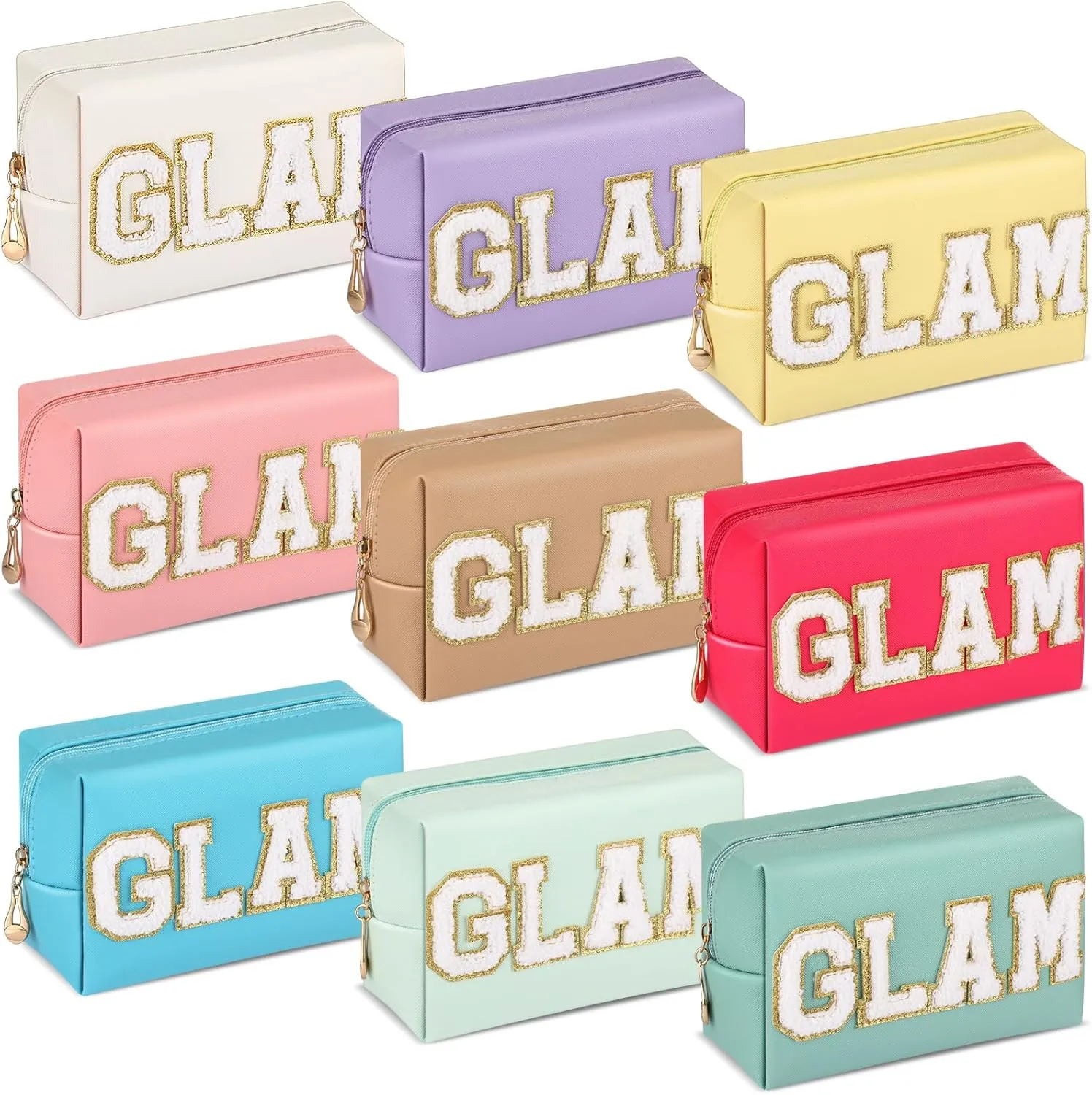 Chunful 9 Pieces Preppy Patch Makeup Bag Chenille Letters Cosmetic PU Leather Portable Waterproof Toiletry Travel Bag for Women End of the Year Teacher Gifts Bulk(Bright Color,Glam)