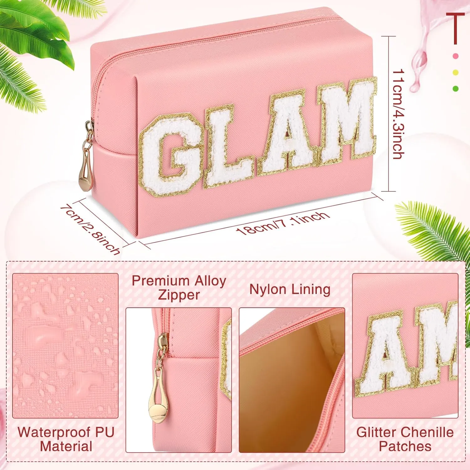 Chunful 9 Pieces Preppy Patch Makeup Bag Chenille Letters Cosmetic PU Leather Portable Waterproof Toiletry Travel Bag for Women End of the Year Teacher Gifts Bulk(Bright Color,Glam)