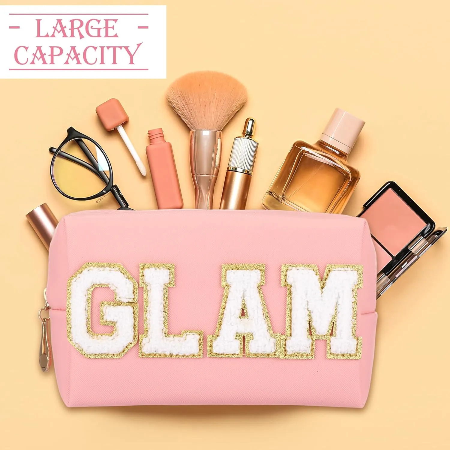 Chunful 9 Pieces Preppy Patch Makeup Bag Chenille Letters Cosmetic PU Leather Portable Waterproof Toiletry Travel Bag for Women End of the Year Teacher Gifts Bulk(Bright Color,Glam)