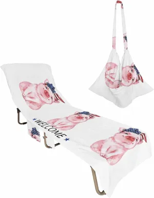 Close-up Cute Pig Independence Chaise Lounger Cover with Pockets, Pool Lounge Chair Covers 85"x29", Farmhouse Animal Star Microfiber Beach Chair Cover for Outdoor Patio Sunbathing