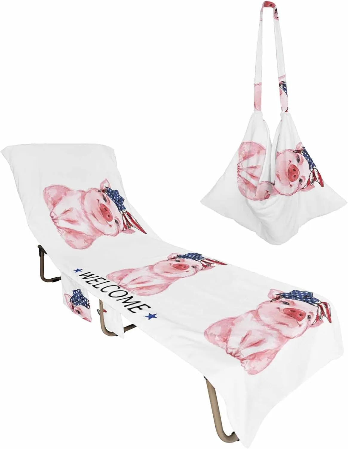 Close-up Cute Pig Independence Chaise Lounger Cover with Pockets, Pool Lounge Chair Covers 85"x29", Farmhouse Animal Star Microfiber Beach Chair Cover for Outdoor Patio Sunbathing