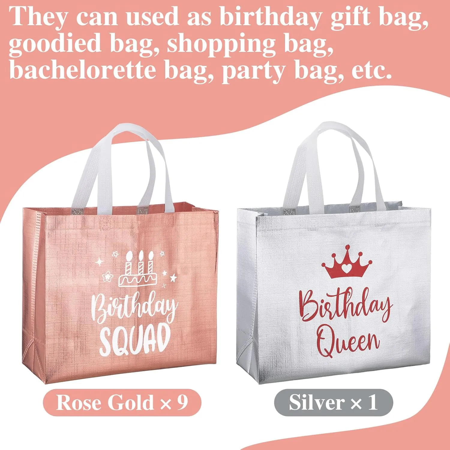 Clysee 10 Pack Reusable Birthday Squad Birthday Queen Gift Bag with Handle Large Tote Bag for Women(Silver, Rose Gold)