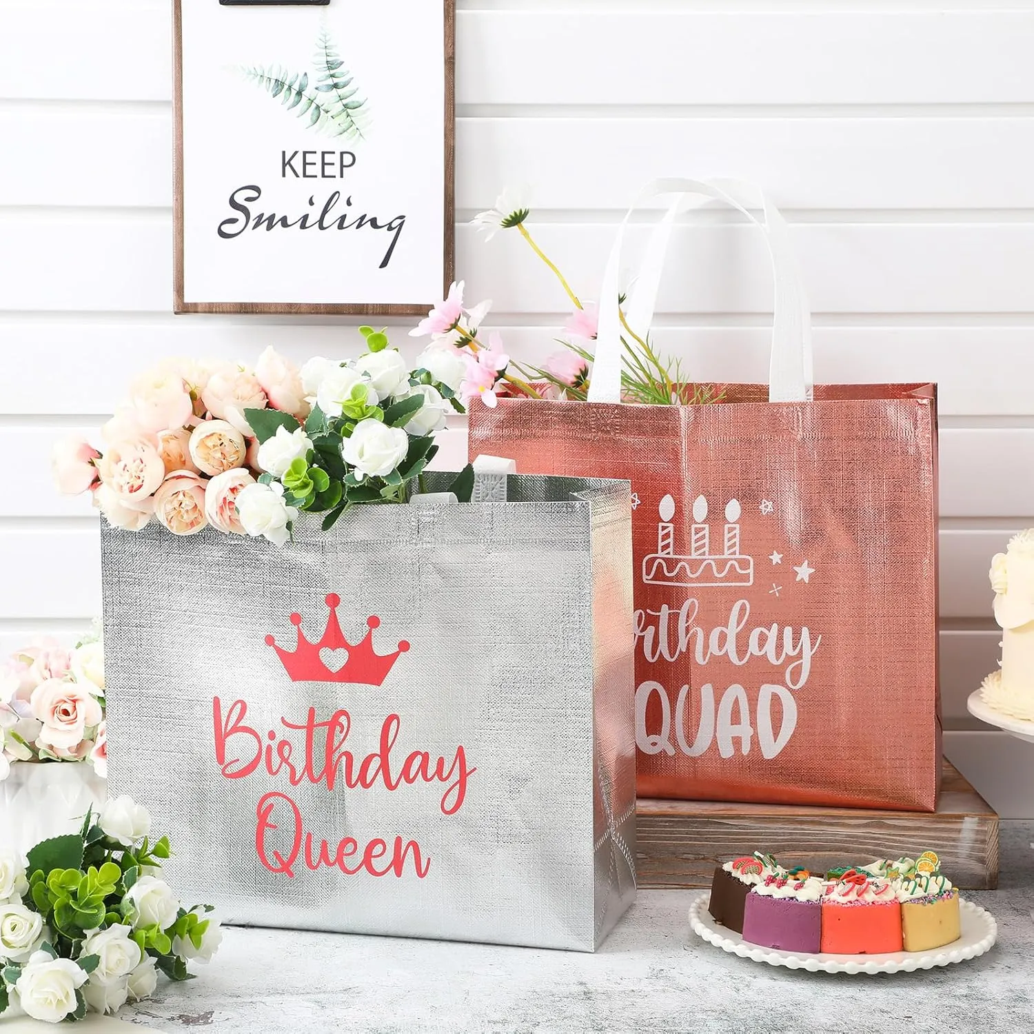 Clysee 10 Pack Reusable Birthday Squad Birthday Queen Gift Bag with Handle Large Tote Bag for Women(Silver, Rose Gold)
