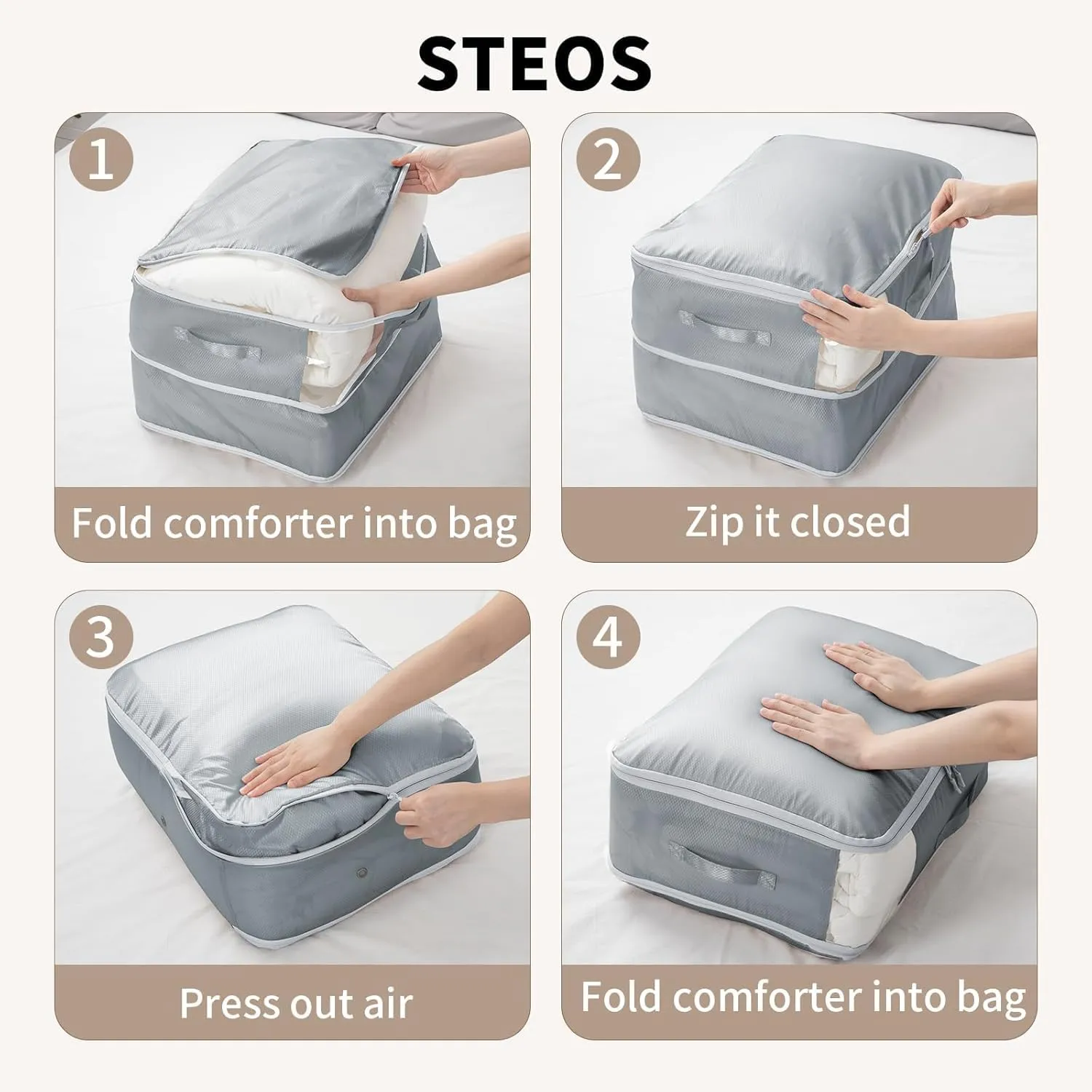 Comforter Storage Bag 66 L - 4 Pack Blanket Storage Organizer Compression Bags, Large Capacity Ultra Space Saving Self Organize for Bedding, Pillow, Duvet, Sheet Storage with Zipper Window