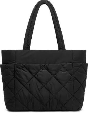 CORALDAISY Puffer Tote Bag for Women Lightweight Tote Bag with Zipper, Large Work Bag Quilted Travel Puffy Shoulder Handbag