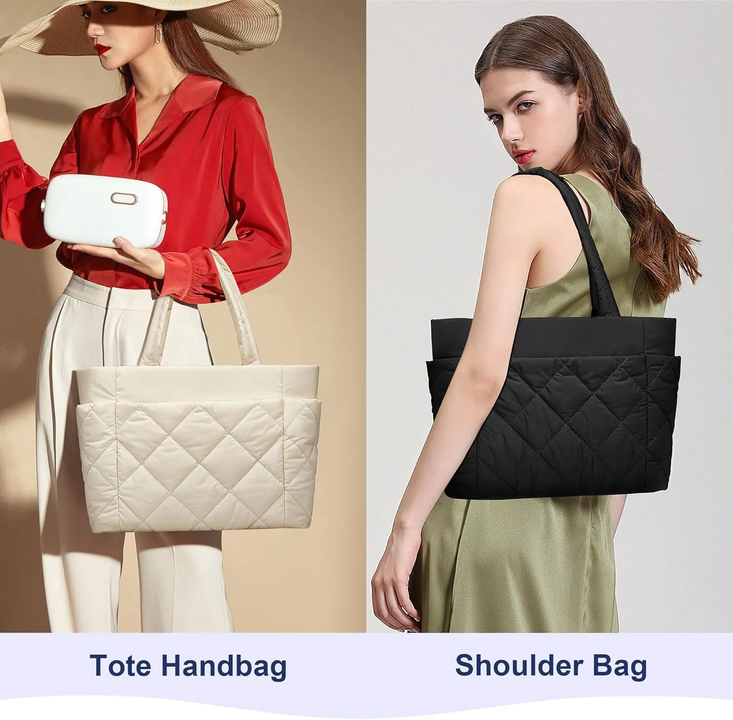 CORALDAISY Puffer Tote Bag for Women Lightweight Tote Bag with Zipper, Large Work Bag Quilted Travel Puffy Shoulder Handbag