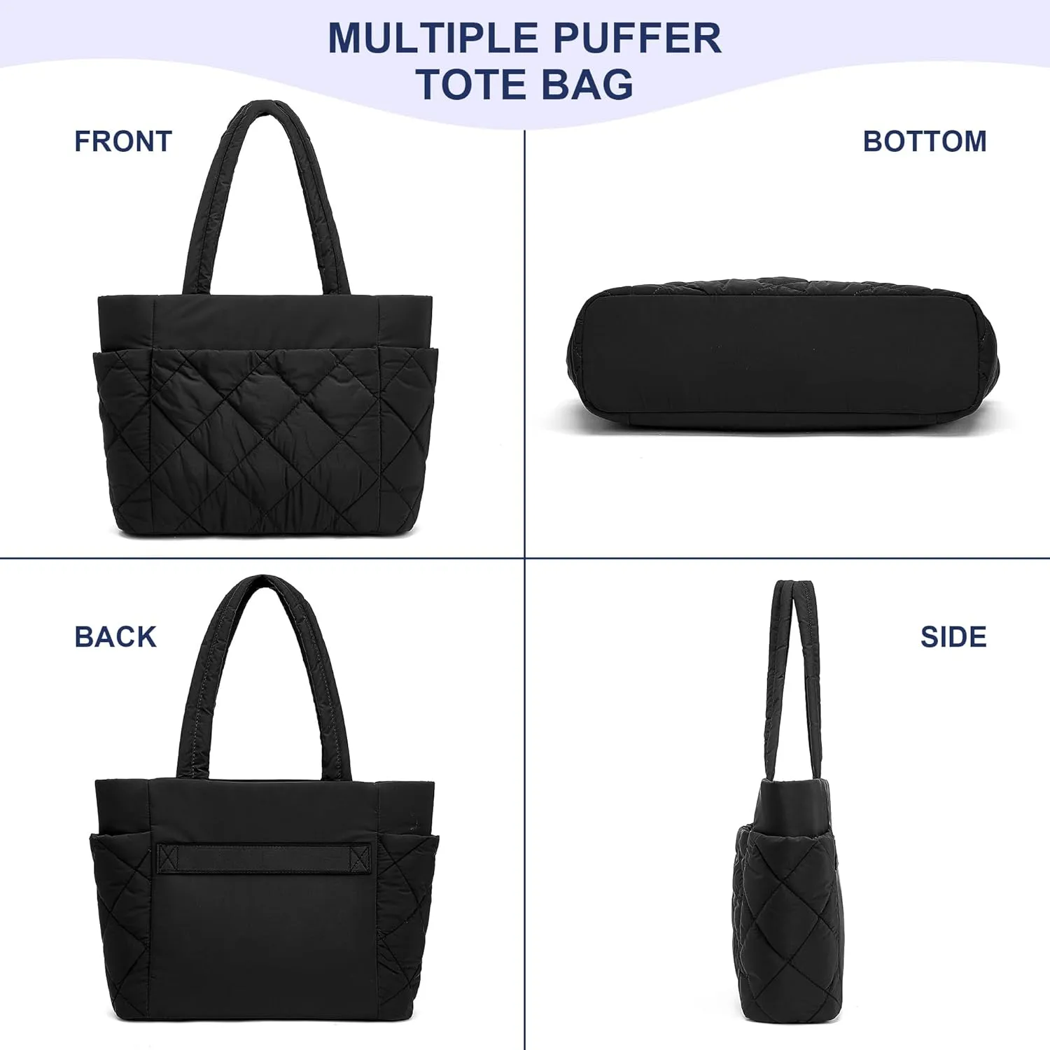 CORALDAISY Puffer Tote Bag for Women Lightweight Tote Bag with Zipper, Large Work Bag Quilted Travel Puffy Shoulder Handbag