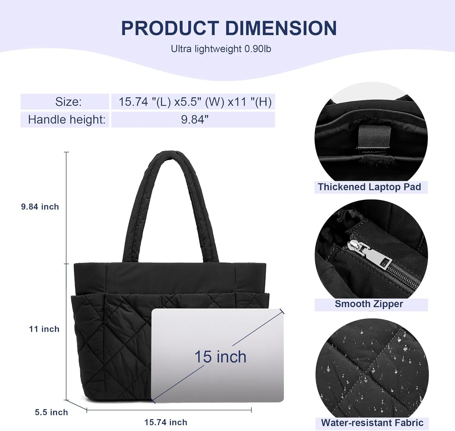 CORALDAISY Puffer Tote Bag for Women Lightweight Tote Bag with Zipper, Large Work Bag Quilted Travel Puffy Shoulder Handbag
